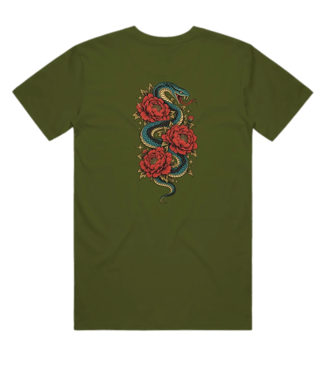 Grünes T-Shirt mit Schlangen- und Blumenmotiv, Shopify-Artikel Dragon