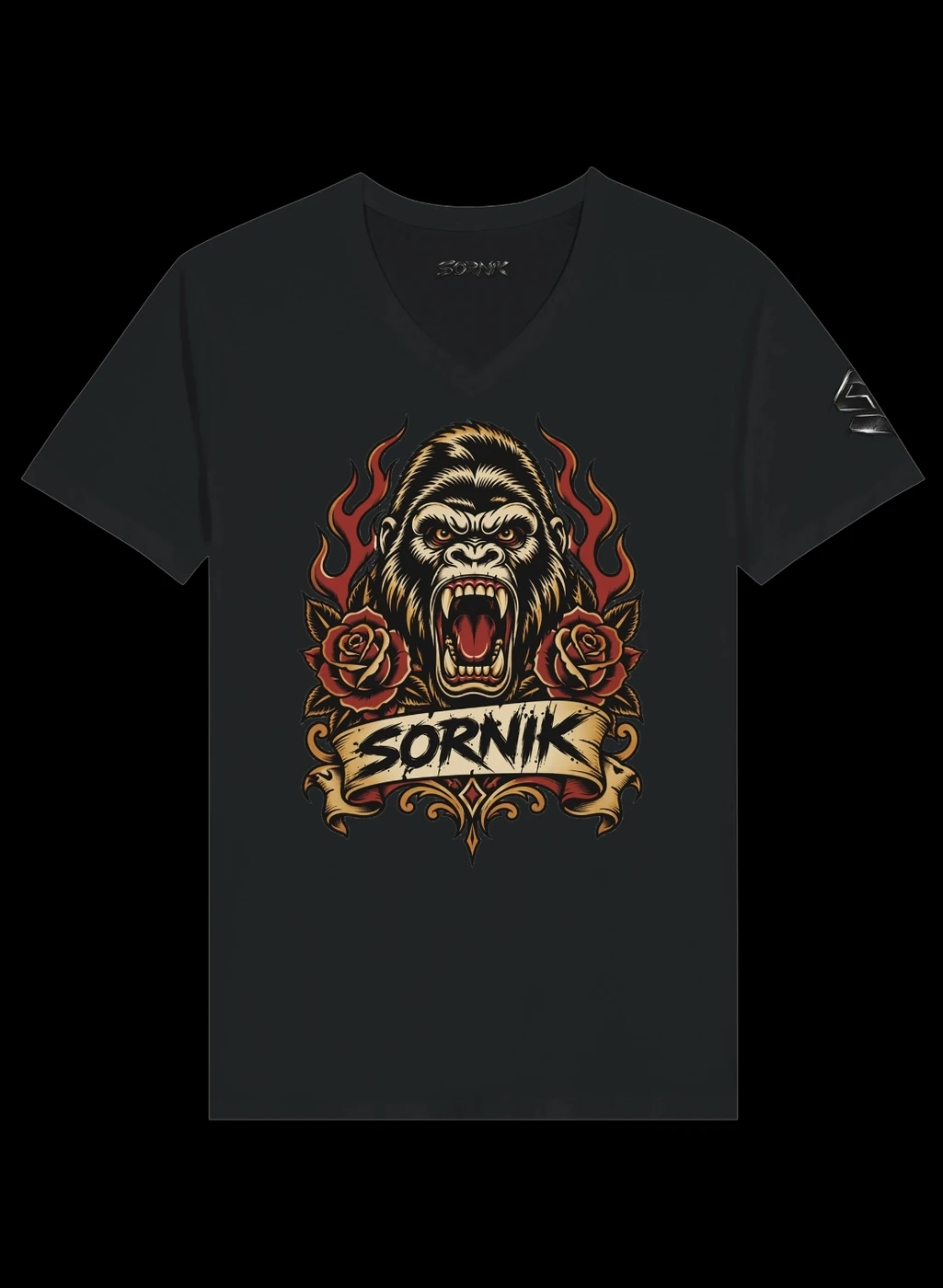 Dunkles Sornik-T-Shirt mit Gorilla-, Rosen- und Flammenmotiv