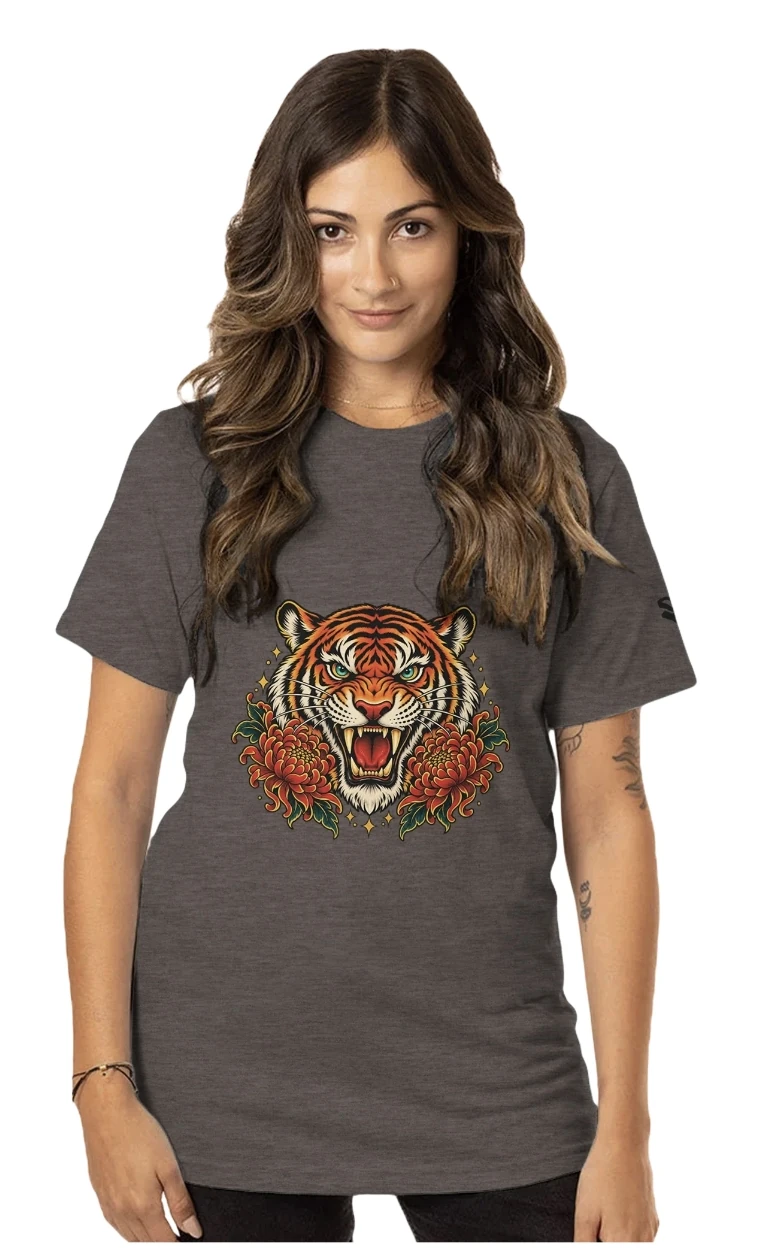 Graues T-Shirt mit Tiger- und Blumenmotiv, Shopify-Artikel Lion