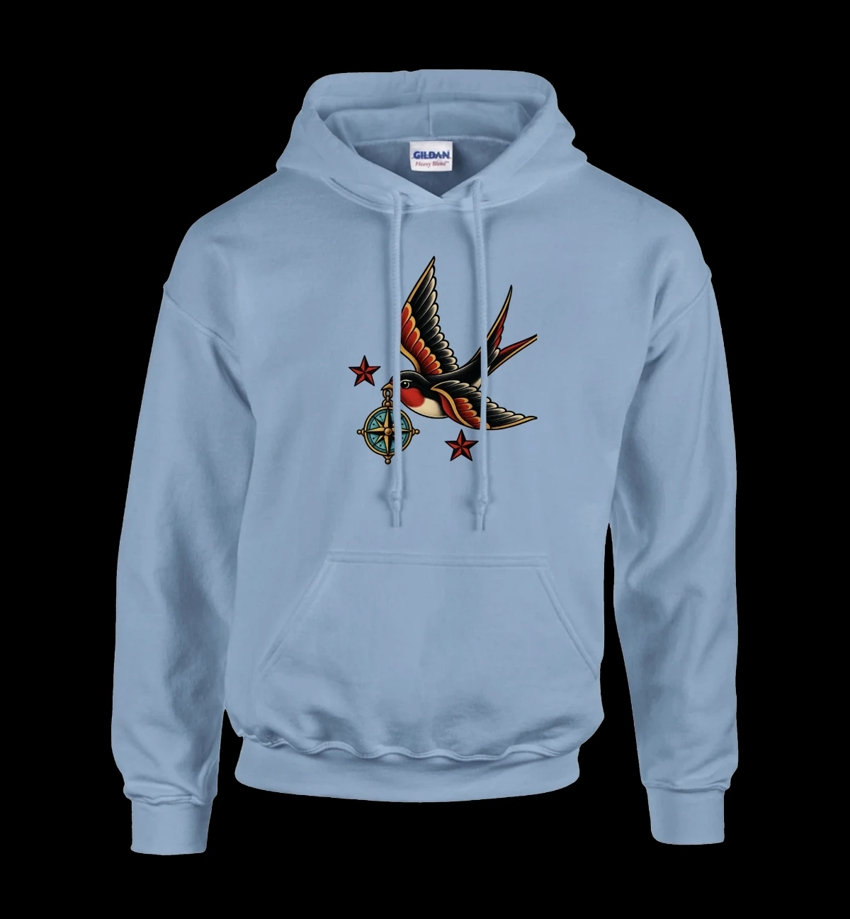 Hellblauer Hoodie mit Schwalben- und Kompassmotiv