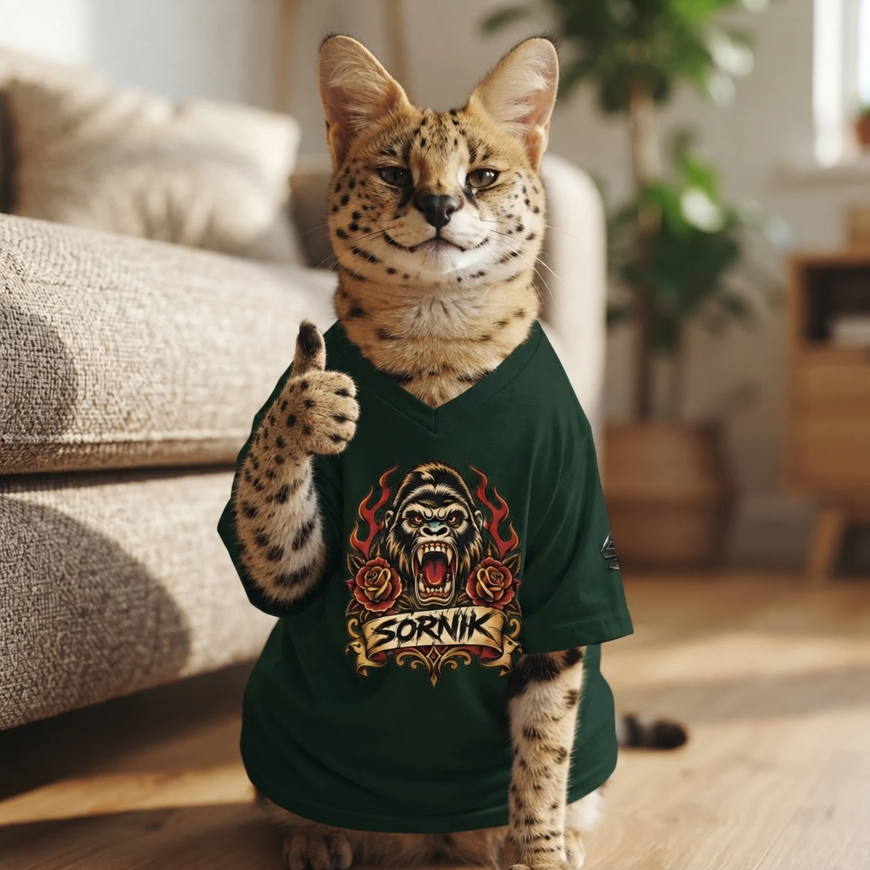 Serval im grünen Sornik-T-Shirt zeigt Daumen hoch
