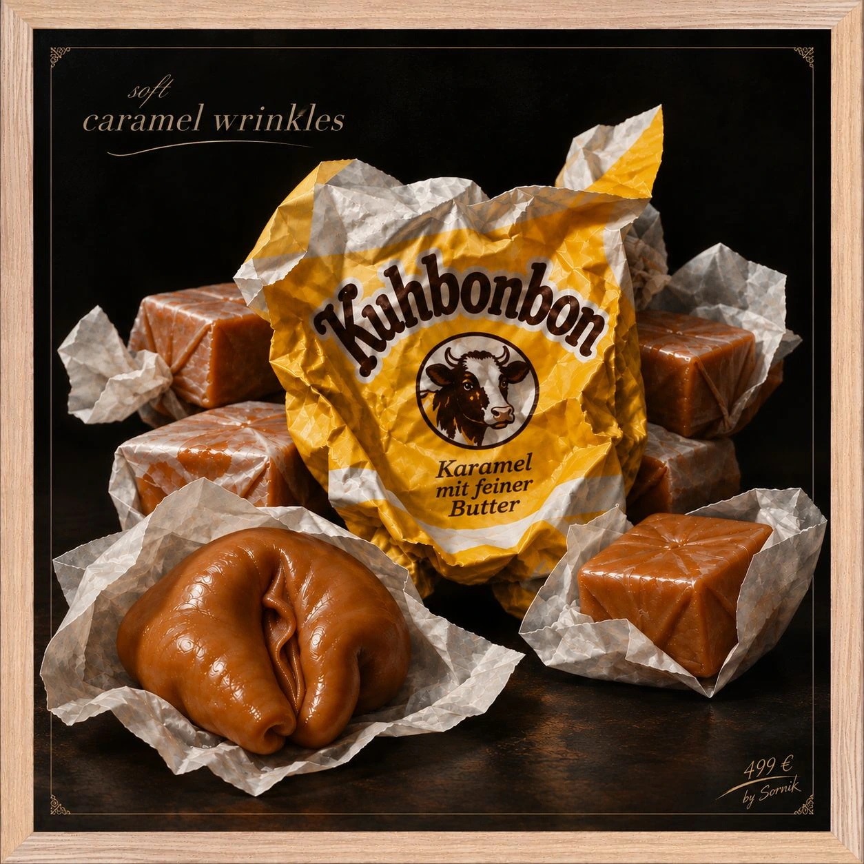 Gerahmter Soft-Wrinkles-Kunstdruck mit gelber Kuhbonbon-Tüte und Karamellbonbons