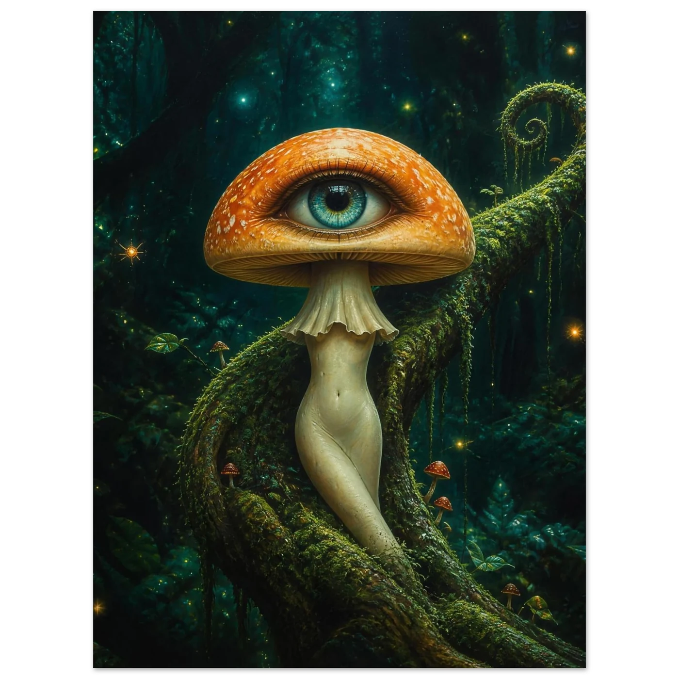 Gerahmter Kunstdruck mit orangefarbenem Pilz und blauem Auge