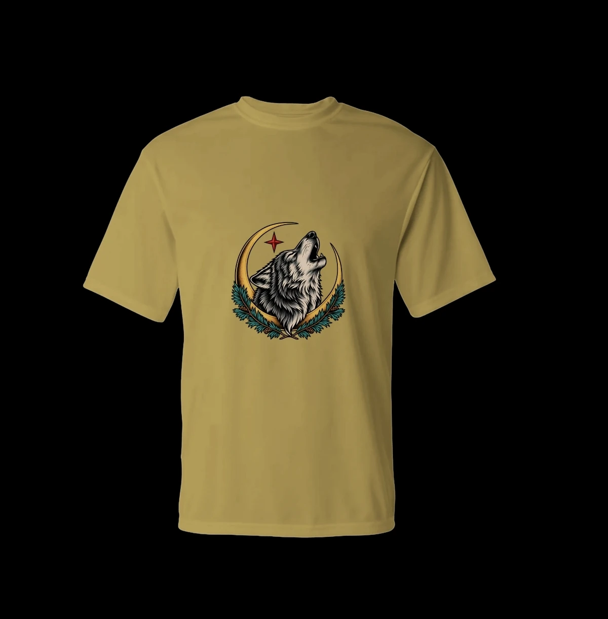 Gelbes T-Shirt mit heulendem Wolf und Mondsichel